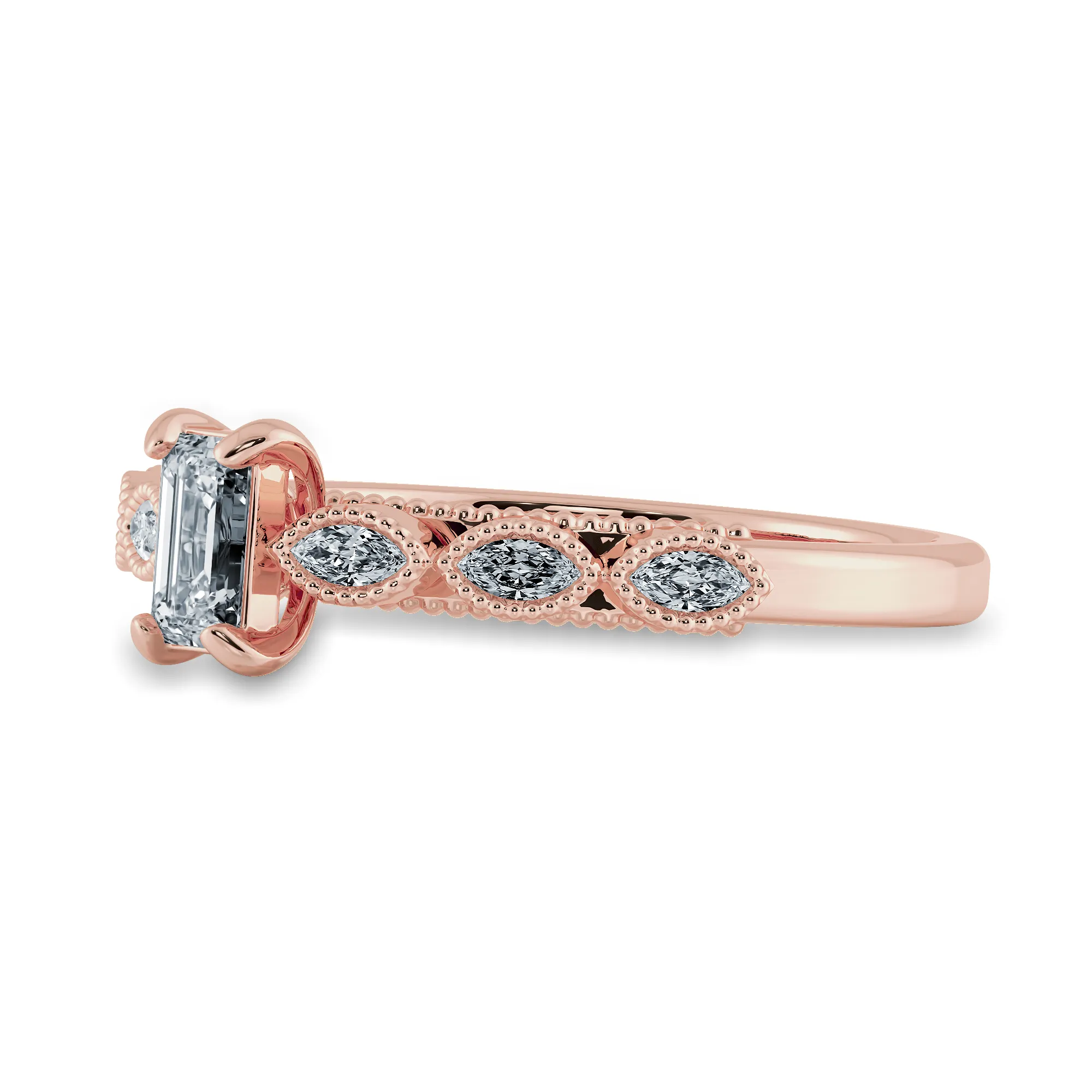 0.30cts. Emerald Cut Solitaire with Marquise Cut Diamond Accents 18K Rose Gold Ring JL AU 2015R