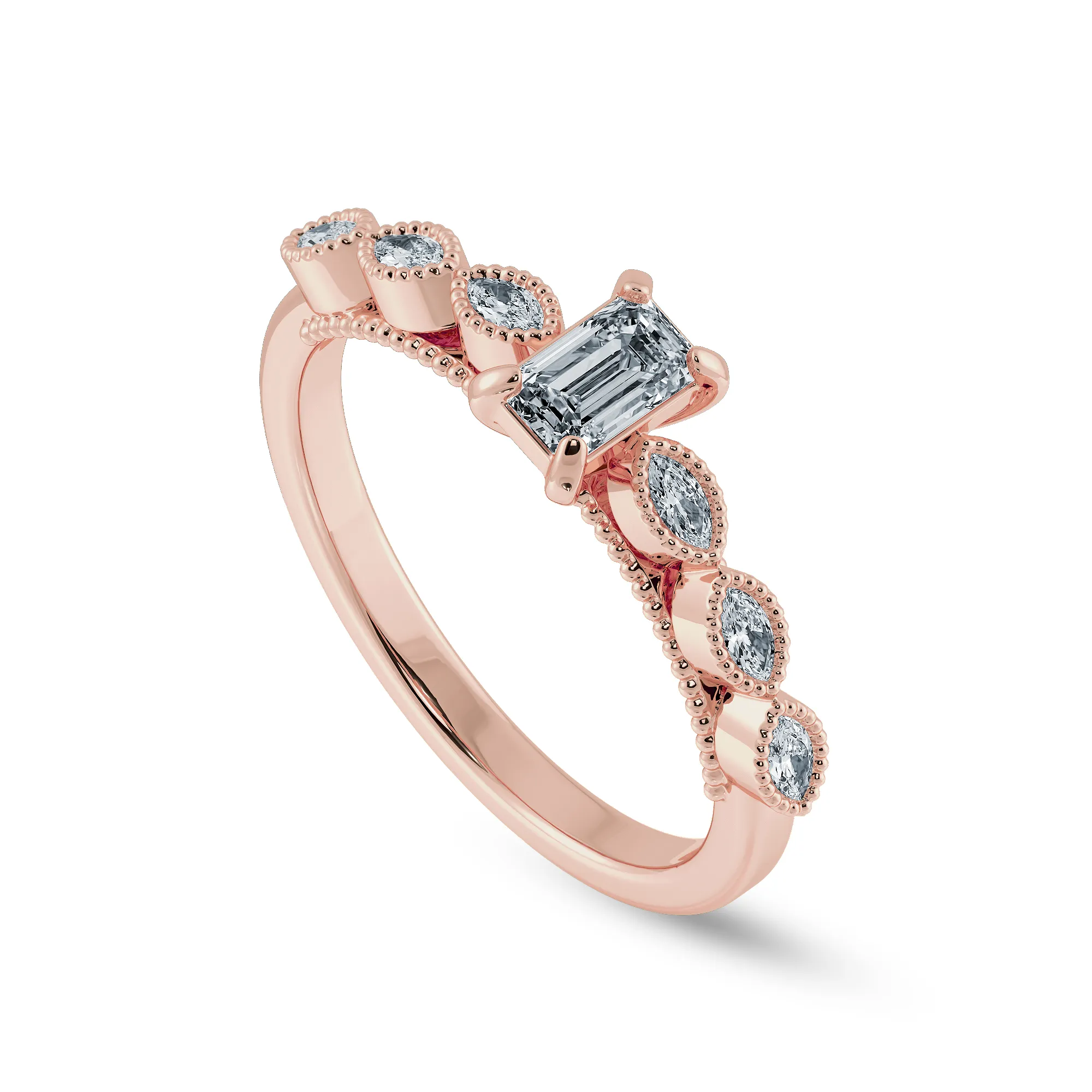0.30cts. Emerald Cut Solitaire with Marquise Cut Diamond Accents 18K Rose Gold Ring JL AU 2015R