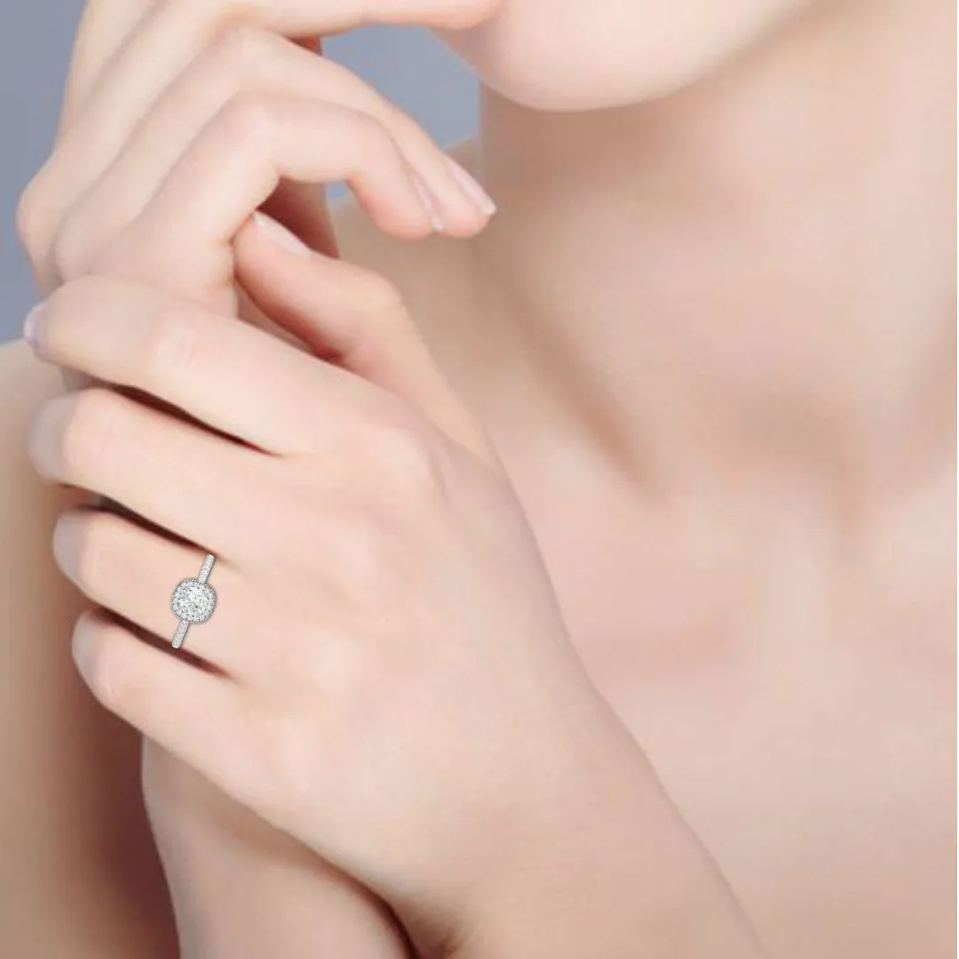 0.50 cts. Cushion Solitaire Halo Diamond Shank Platinum Ring JL PT RH CU 129