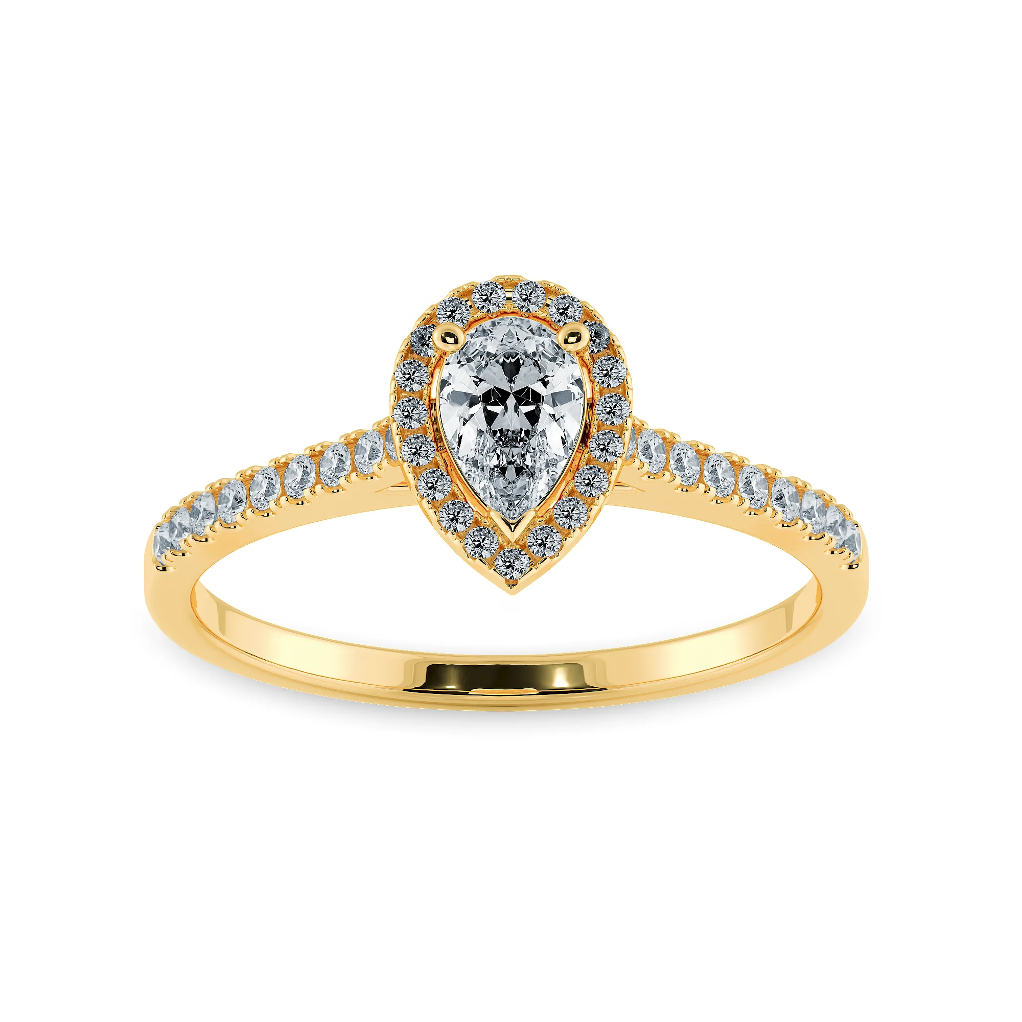 0.70cts. Pear Cut Solitaire Halo Diamond Shank 18K Yellow Gold Ring JL AU 1200Y-B