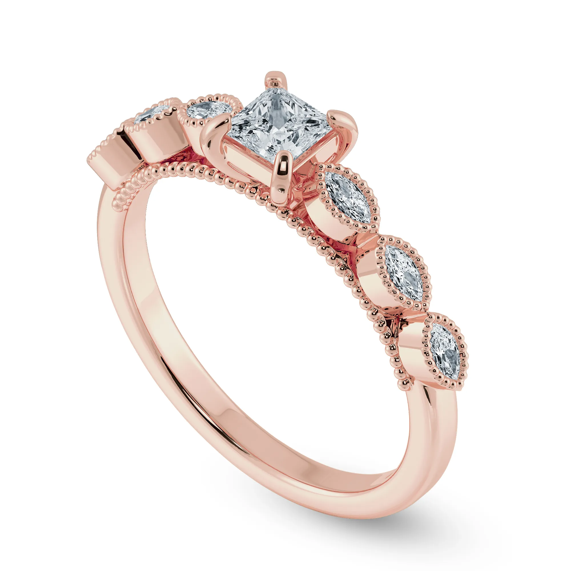 0.70cts. Princess Cut Solitaire with Marquise Diamond Accents 18K Rose Gold Ring JL AU 2012R-B