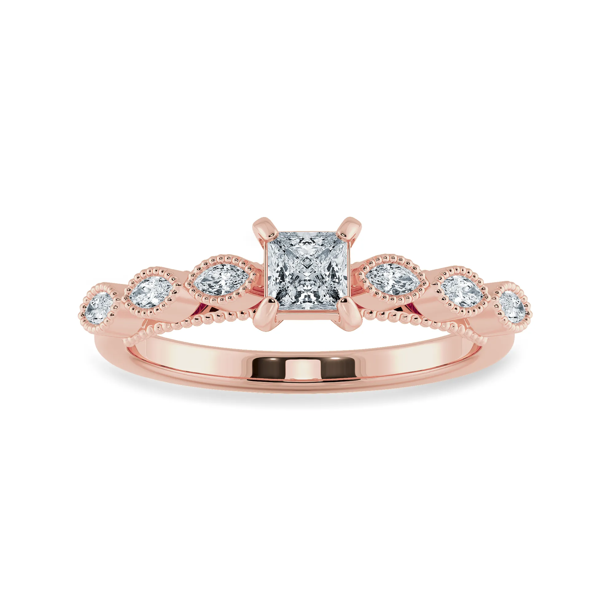 0.70cts. Princess Cut Solitaire with Marquise Diamond Accents 18K Rose Gold Ring JL AU 2012R-B
