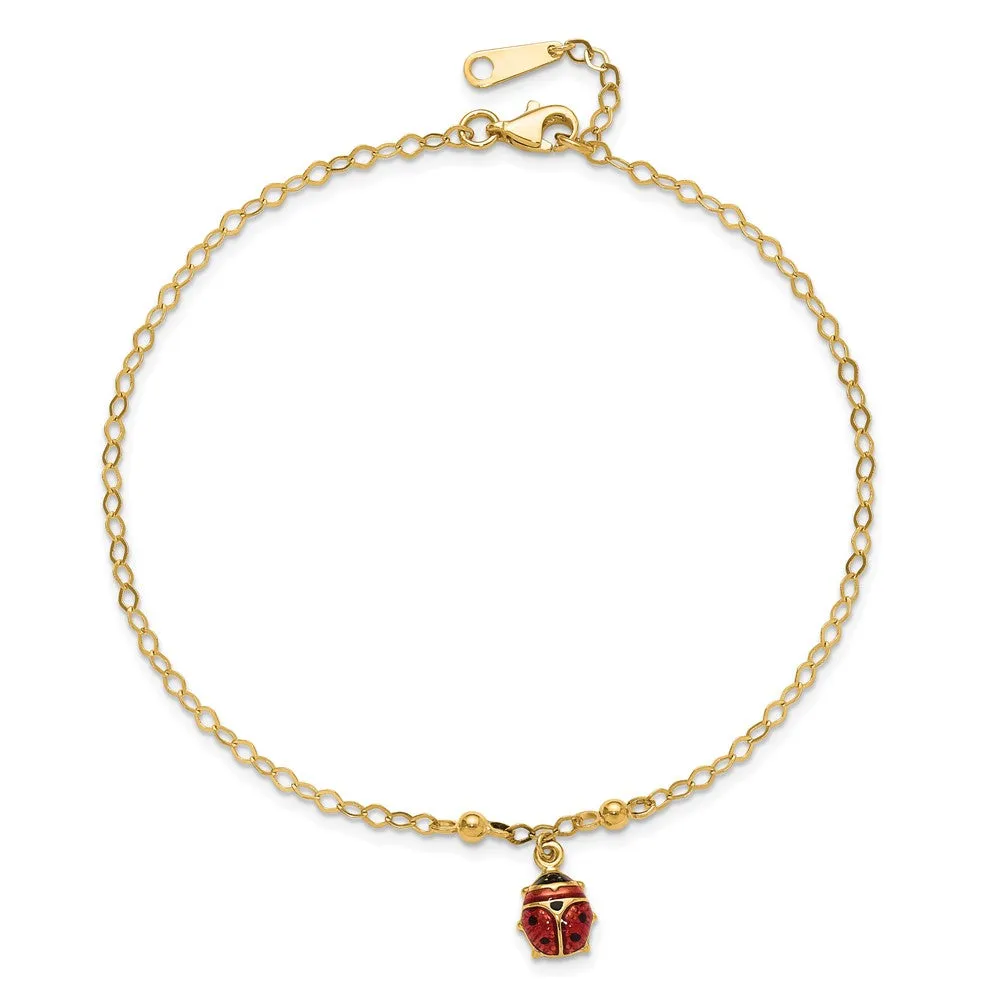 14K Adjustable Enameled Ladybug 9In Plus 1In Ext. Anklet