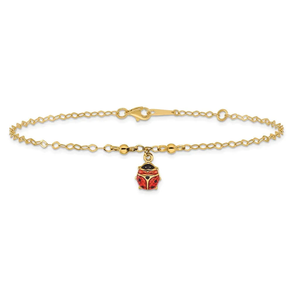 14K Adjustable Enameled Ladybug 9In Plus 1In Ext. Anklet
