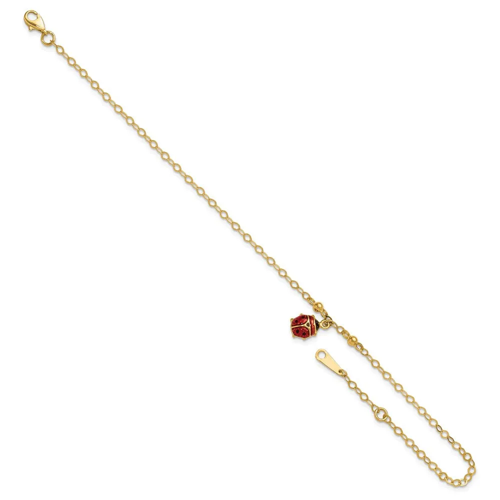 14K Adjustable Enameled Ladybug 9In Plus 1In Ext. Anklet