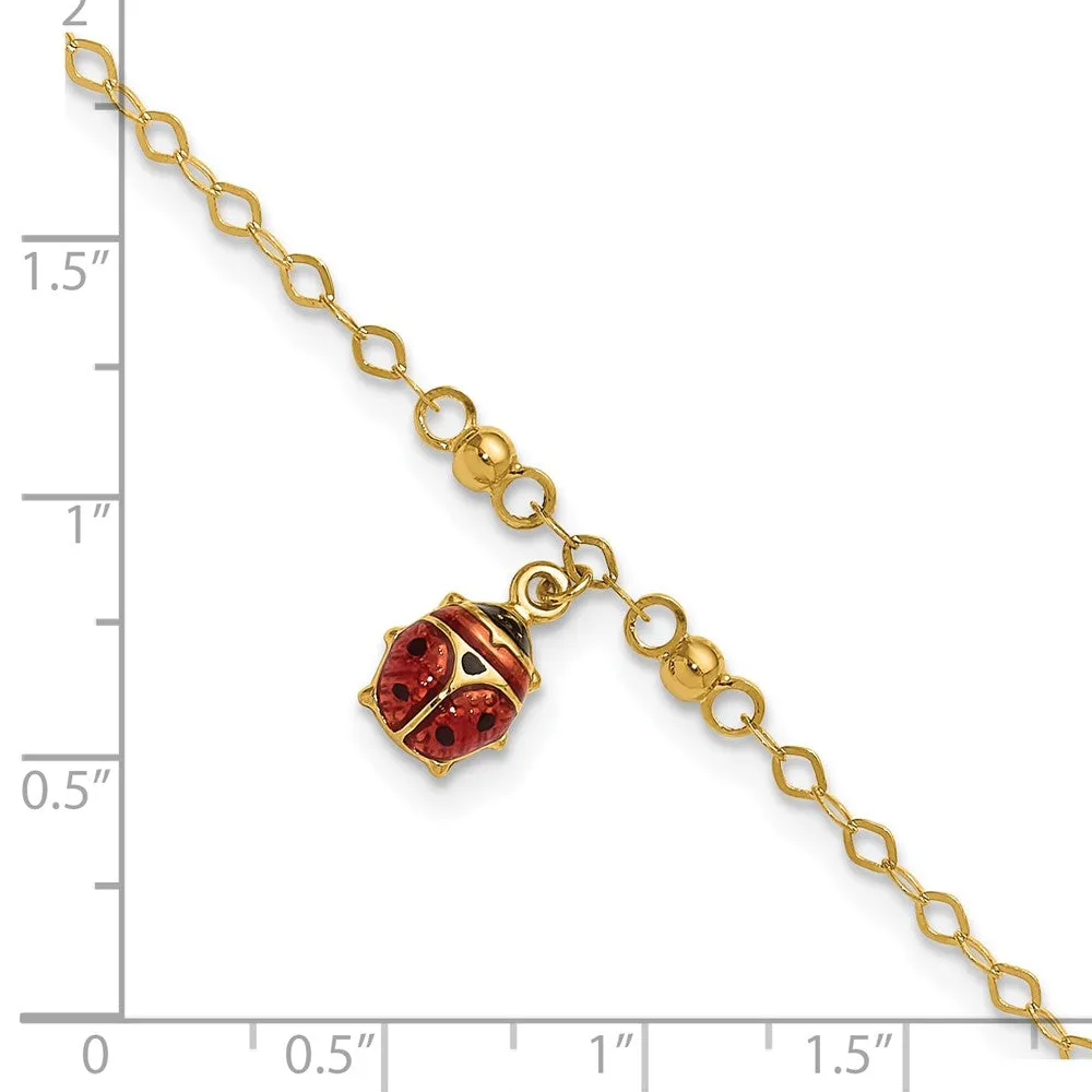 14K Adjustable Enameled Ladybug 9In Plus 1In Ext. Anklet
