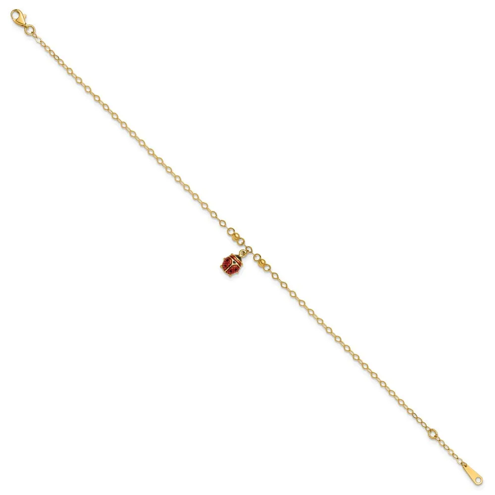 14K Adjustable Enameled Ladybug 9In Plus 1In Ext. Anklet