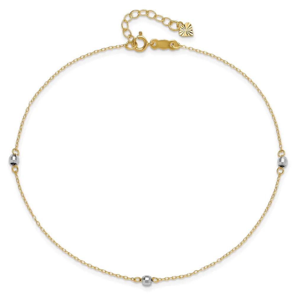 14K Two-Tone Mirror Bead 9In Plus 1In Ext. Anklet