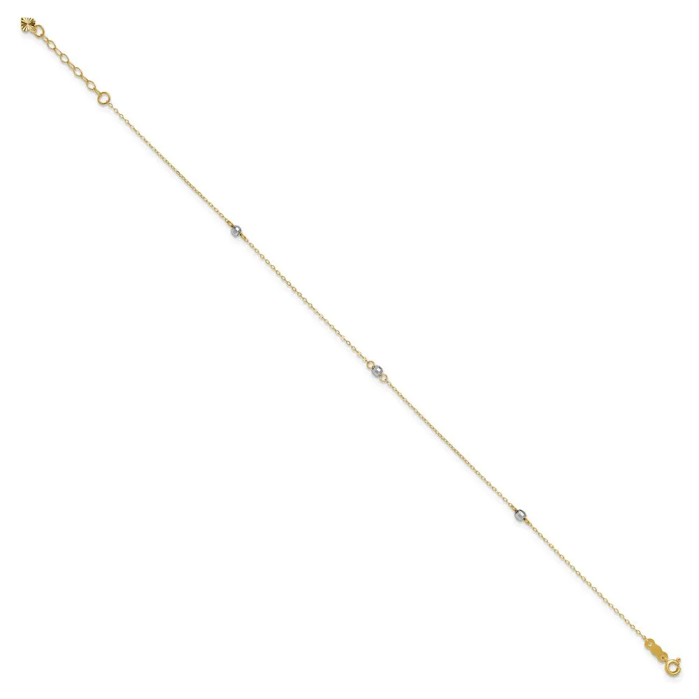 14K Two-Tone Mirror Bead 9In Plus 1In Ext. Anklet