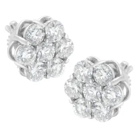 14K White Gold 2 cttw Round Brilliant-cut Diamond Composite Floral Cluster Stud Earring