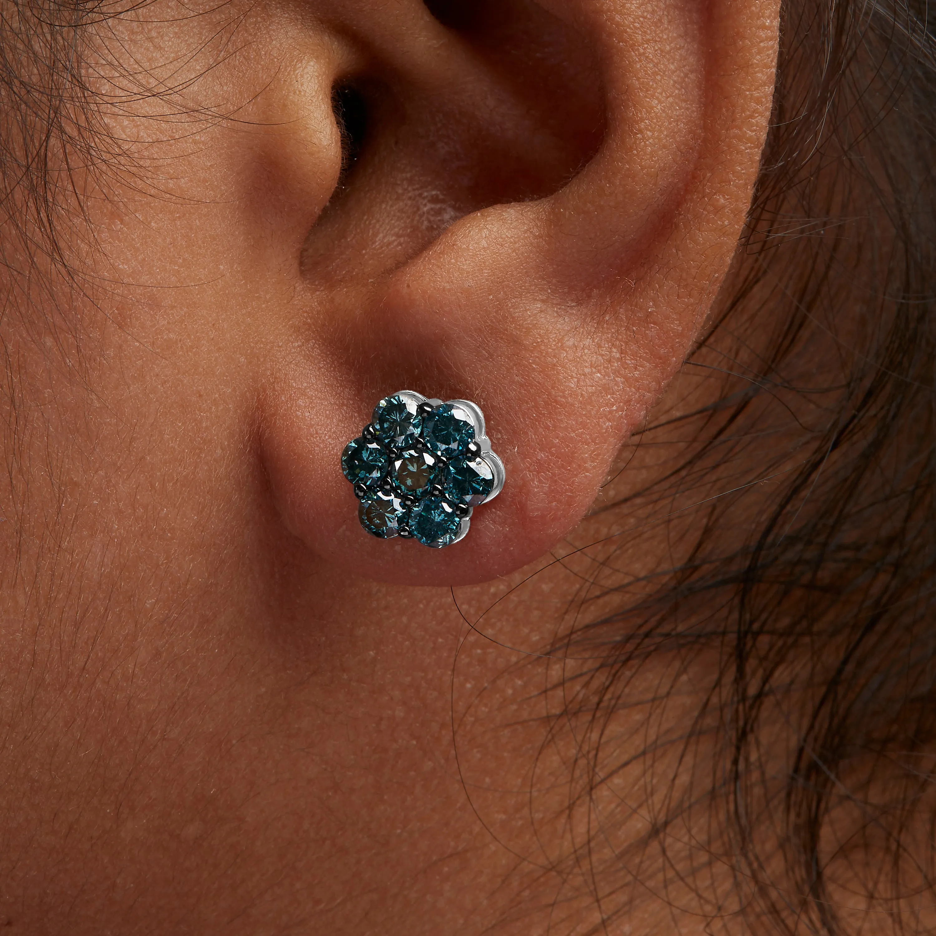 14K White Gold 2 cttw Round Brilliant-cut Diamond Composite Floral Cluster Stud Earring