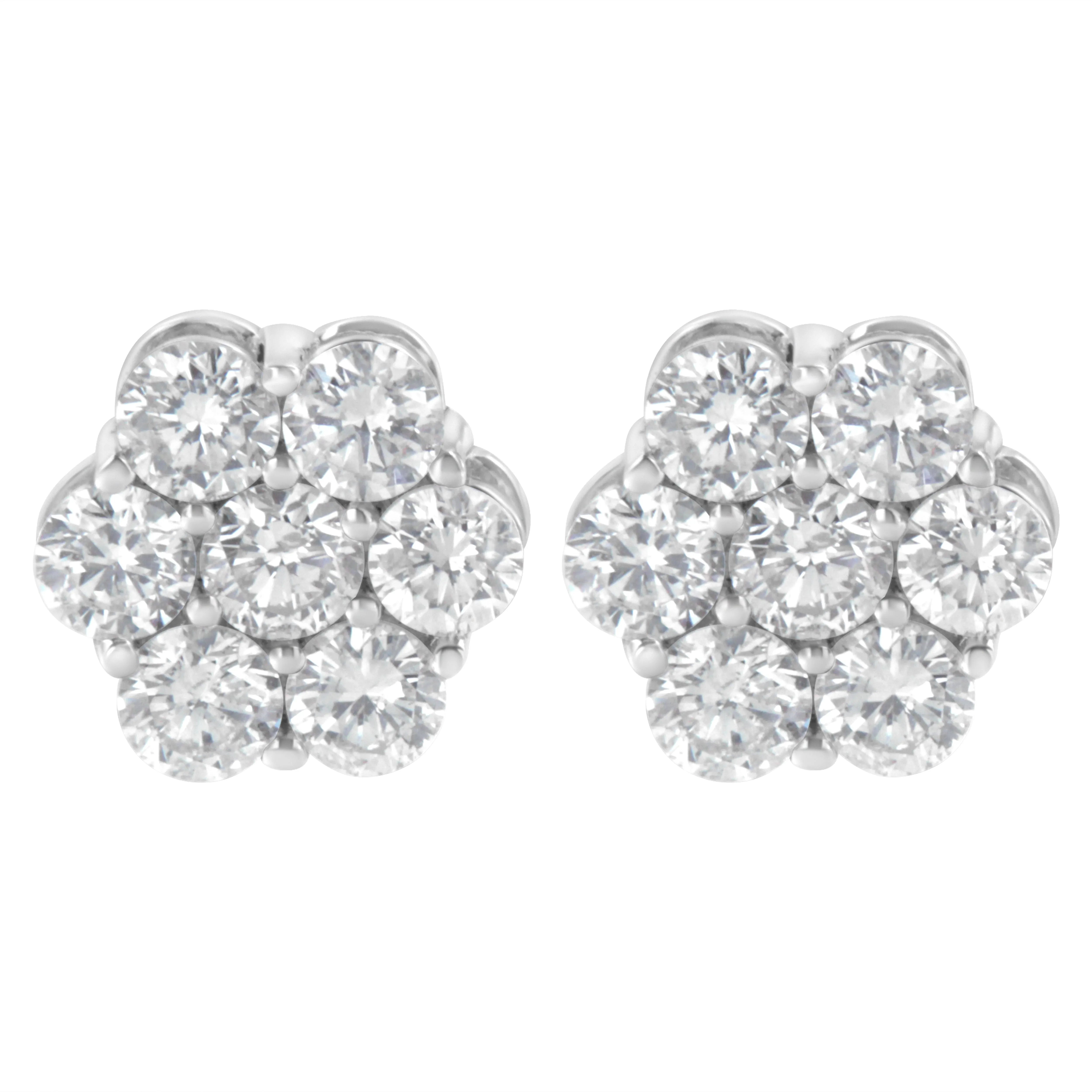14K White Gold 2 cttw Round Brilliant-cut Diamond Composite Floral Cluster Stud Earring