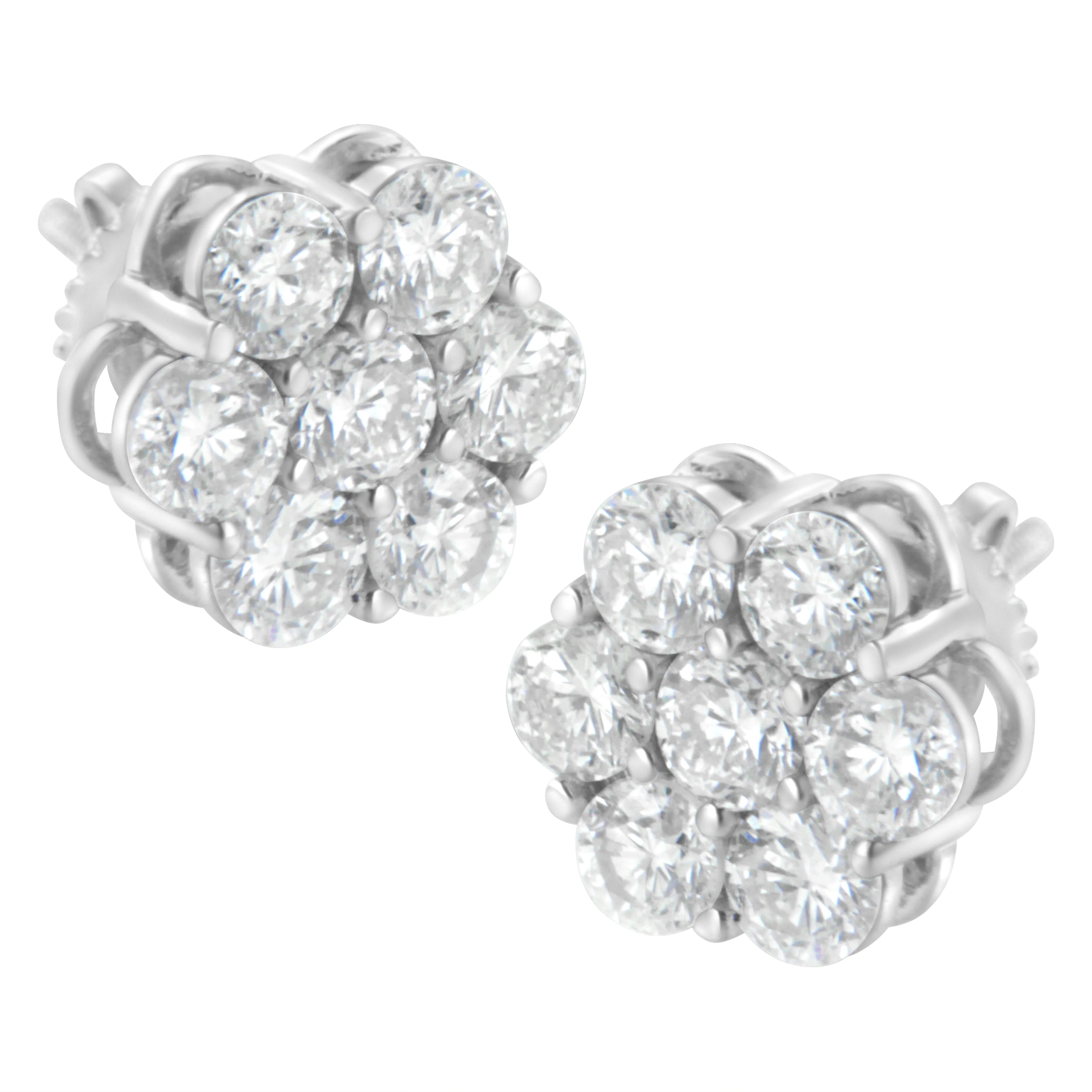14K White Gold 2 cttw Round Brilliant-cut Diamond Composite Floral Cluster Stud Earring