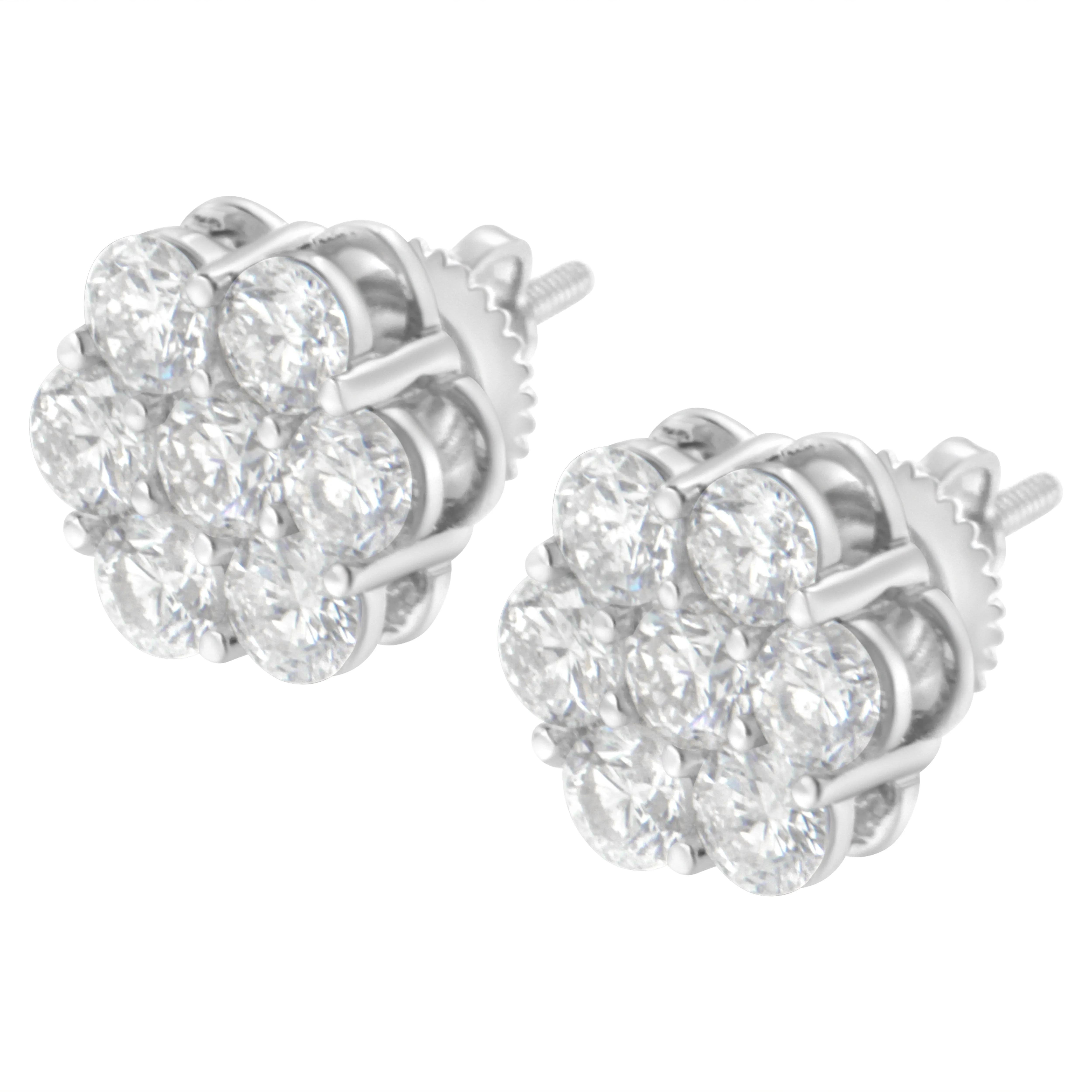 14K White Gold 2 cttw Round Brilliant-cut Diamond Composite Floral Cluster Stud Earring