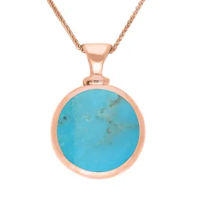 18ct Rose Gold Whitby Jet Turquoise Double Sided Round Dinky Fob Necklace