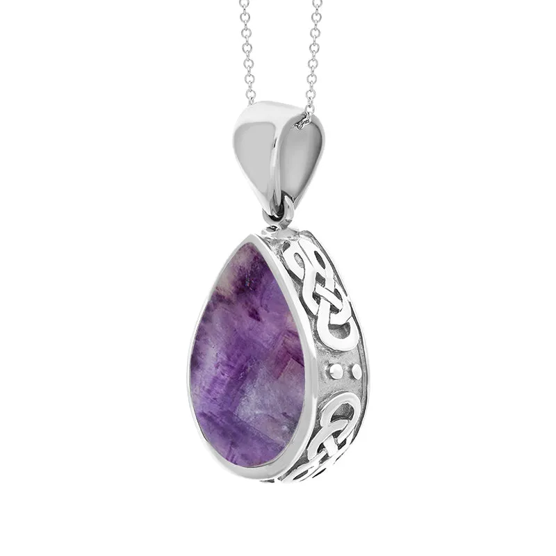 18ct White Gold Blue John Mother Of Pearl Double Sided Celtic Pear Cut Fob Necklace