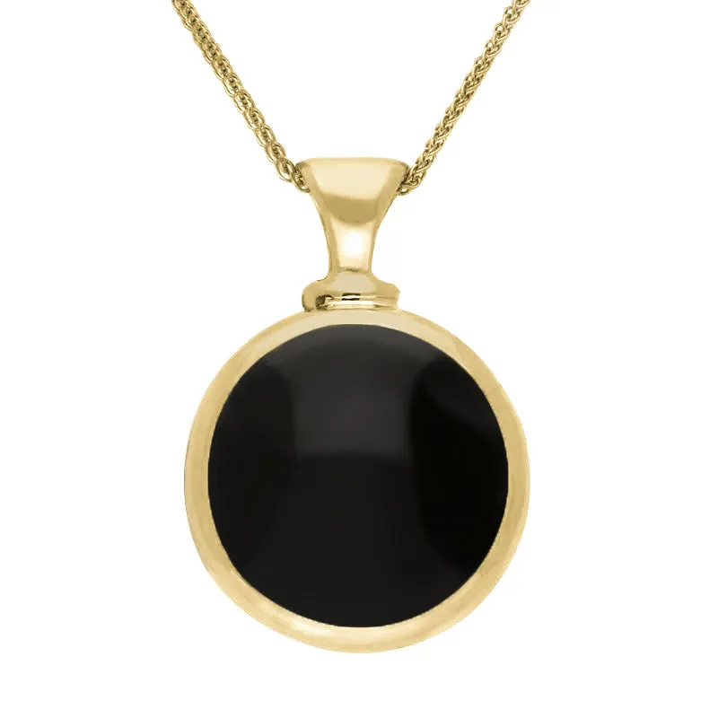 18ct Yellow Gold Whitby Jet Malachite Double Sided Round Dinky Fob Necklace