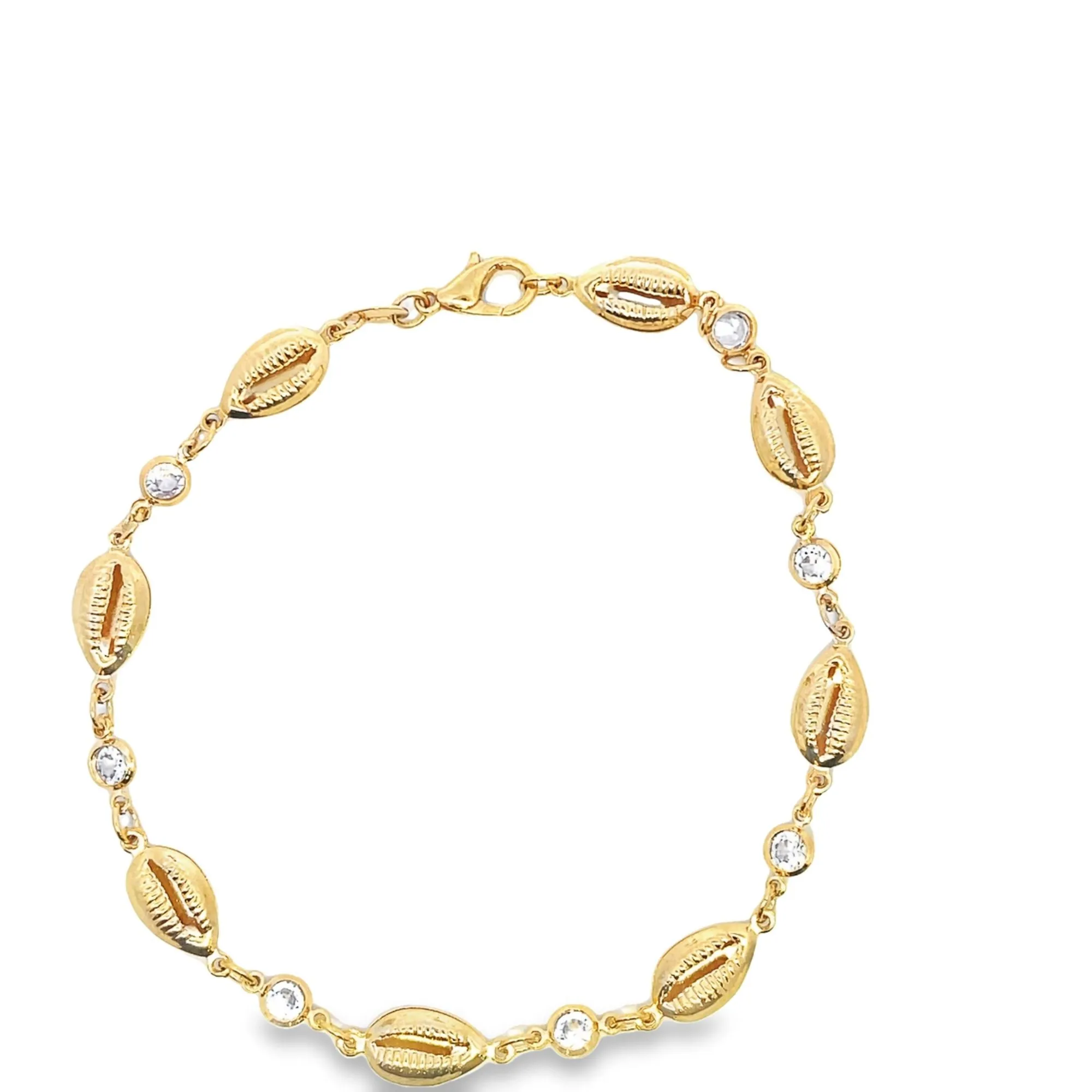 18K Gold Filled Large Puka Shell Charm Bracelet With Round Clear CZ Stones