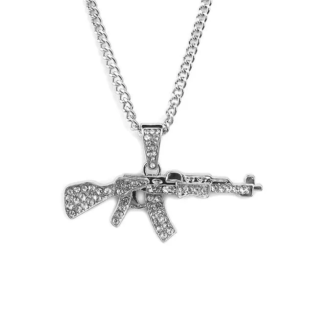 2019 Personalized Alloy AK47 Gun Pendant Necklaces Iced Out Rhinestone Long Chain Silver Gold Necklace Women Men Hip Hop Jewelry