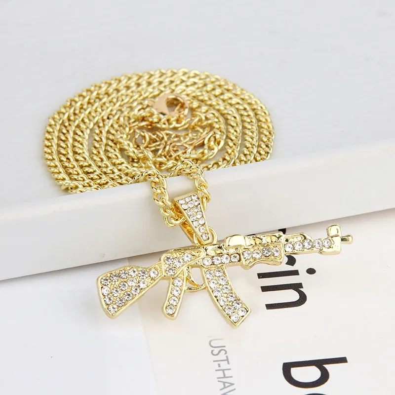 2019 Personalized Alloy AK47 Gun Pendant Necklaces Iced Out Rhinestone Long Chain Silver Gold Necklace Women Men Hip Hop Jewelry