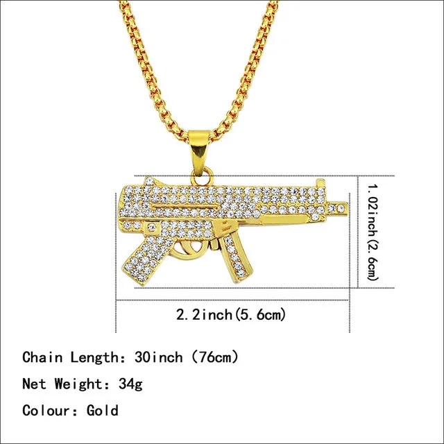2019 Personalized Alloy AK47 Gun Pendant Necklaces Iced Out Rhinestone Long Chain Silver Gold Necklace Women Men Hip Hop Jewelry