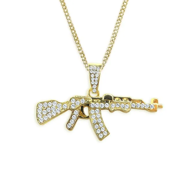 2019 Personalized Alloy AK47 Gun Pendant Necklaces Iced Out Rhinestone Long Chain Silver Gold Necklace Women Men Hip Hop Jewelry