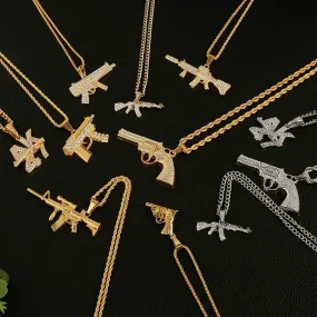 2019 Personalized Alloy AK47 Gun Pendant Necklaces Iced Out Rhinestone Long Chain Silver Gold Necklace Women Men Hip Hop Jewelry