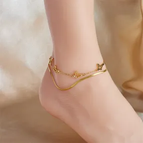 316L Stainless Steel 2-Layer Butterfly Charm Anklets For Women