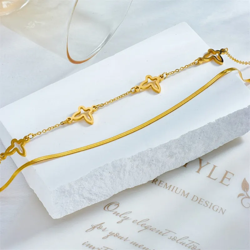 316L Stainless Steel 2-Layer Butterfly Charm Anklets For Women