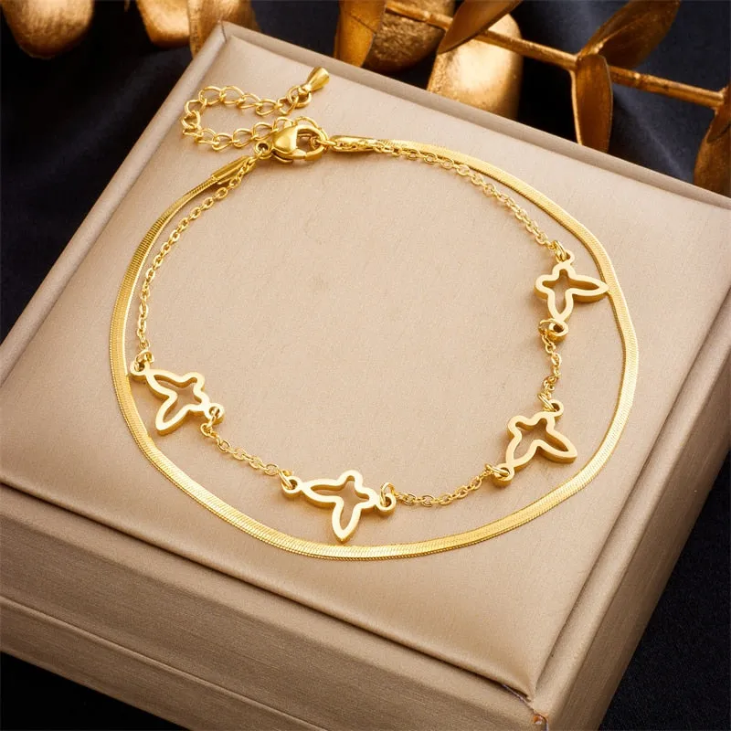 316L Stainless Steel 2-Layer Butterfly Charm Anklets For Women