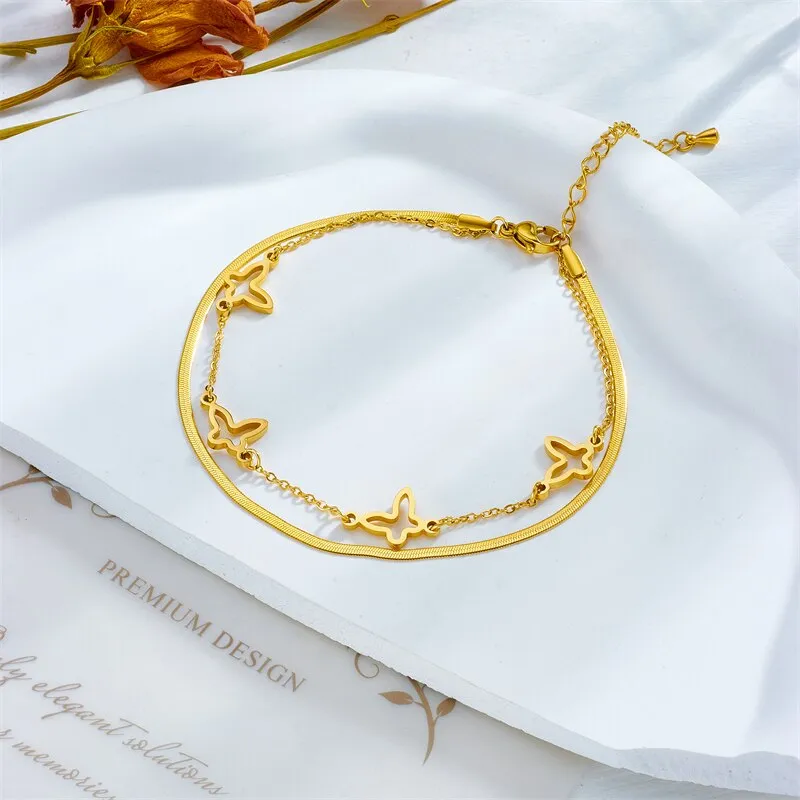 316L Stainless Steel 2-Layer Butterfly Charm Anklets For Women