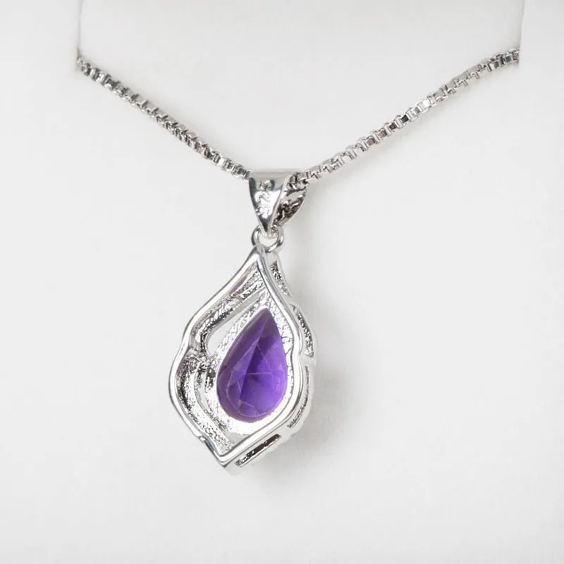 Amethyst Gemstone Pendant Necklace Water Drop Wedding Jewelry