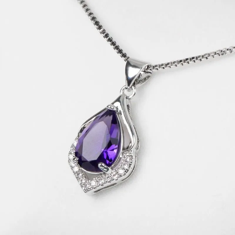 Amethyst Gemstone Pendant Necklace Water Drop Wedding Jewelry