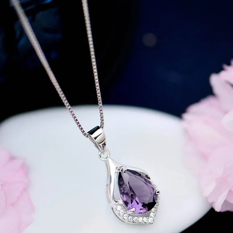 Amethyst Gemstone Pendant Necklace Water Drop Wedding Jewelry