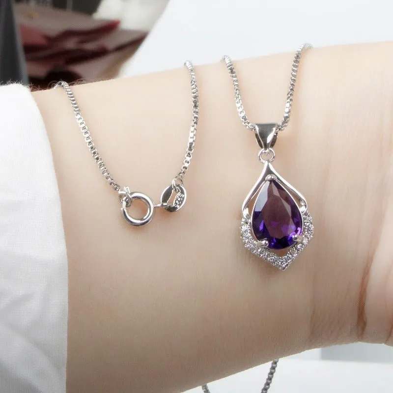 Amethyst Gemstone Pendant Necklace Water Drop Wedding Jewelry