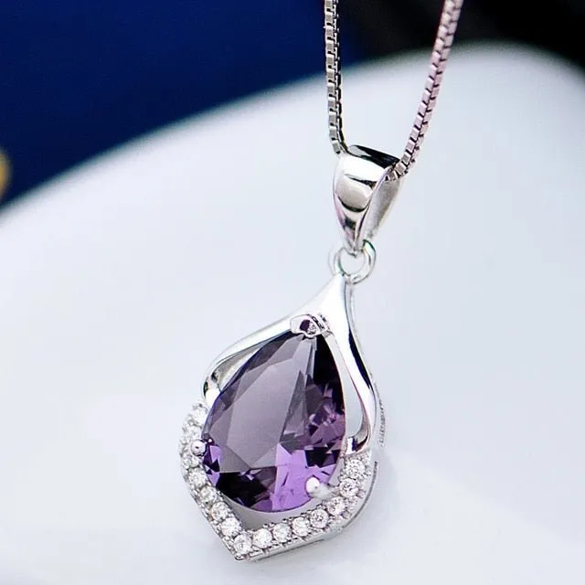Amethyst Gemstone Pendant Necklace Water Drop Wedding Jewelry