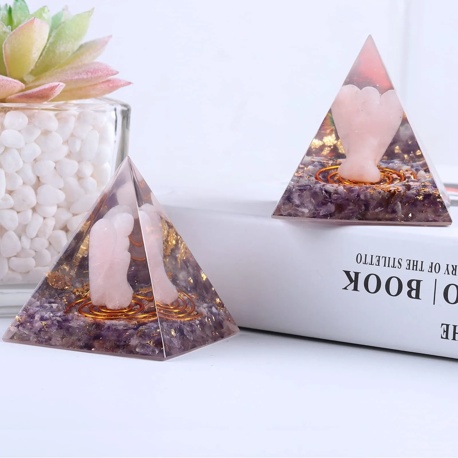Amogeeli Healing Angel Crystal Pyramid for Meditation Reiki, Chakra Symbol Stone Pyramid for Decoration Collection (Amethyst) #1-purple #2-Amethyst