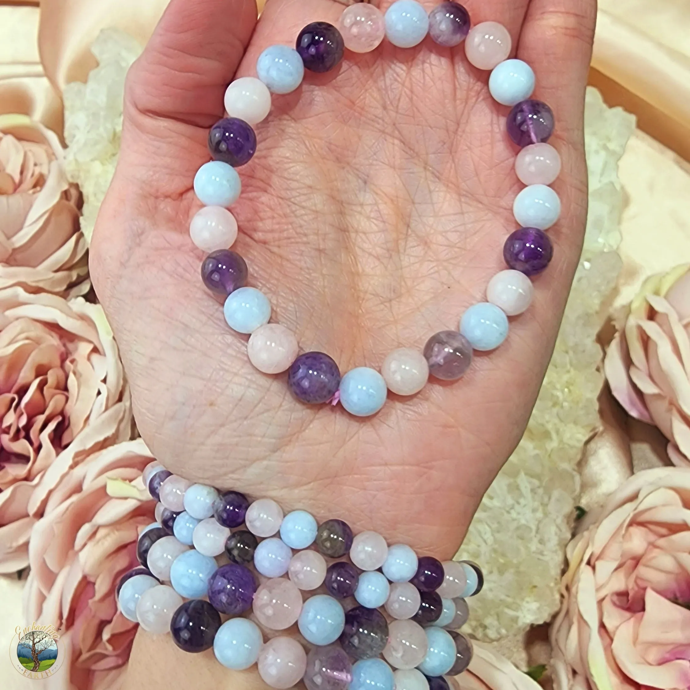 Aquamarine, Amethyst & Rose Quartz Bracelet for Enhanced Communication, Intuition and Self Love