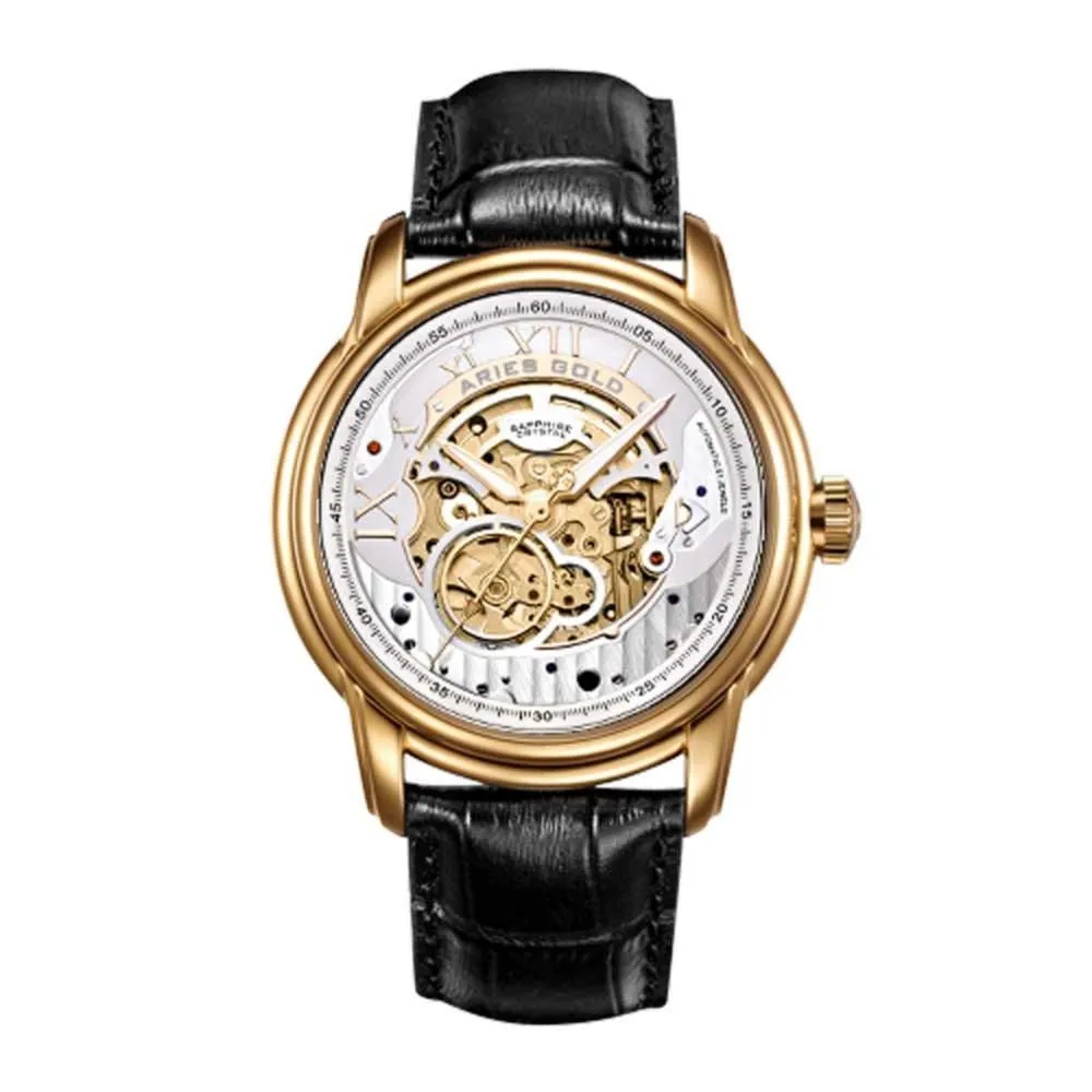 ARIES GOLD AUTOMATIC INFINUM EL TORO GOLD STAINLESS STEEL G 9005 G-S BLACK LEATHER STRAP MEN'S WATCH