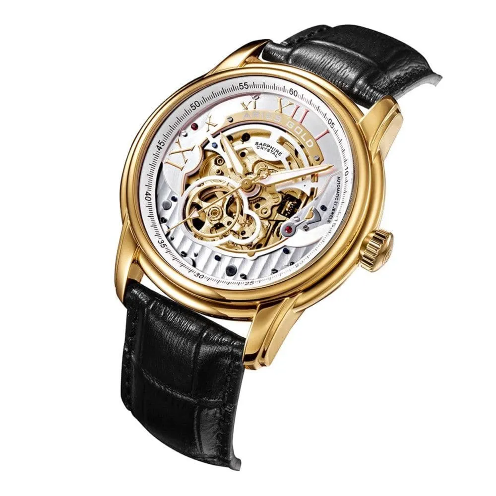 ARIES GOLD AUTOMATIC INFINUM EL TORO GOLD STAINLESS STEEL G 9005 G-S BLACK LEATHER STRAP MEN'S WATCH