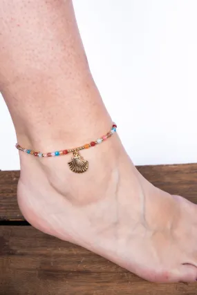 Bahama Bliss Seashell Colorful Beaded Goldtone Anklet