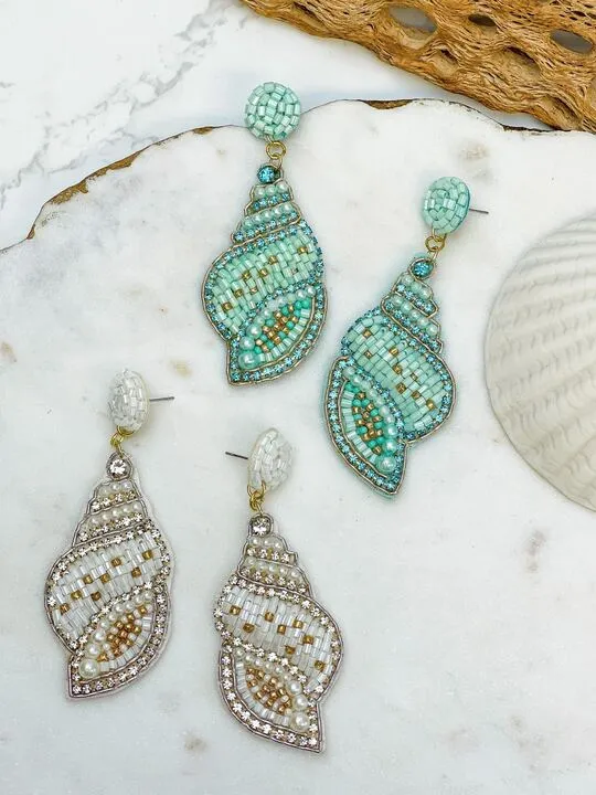Beaded Rhinestone Shell Dangle Earrings - White