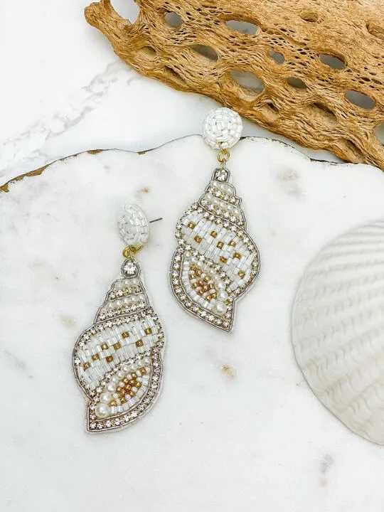 Beaded Rhinestone Shell Dangle Earrings - White