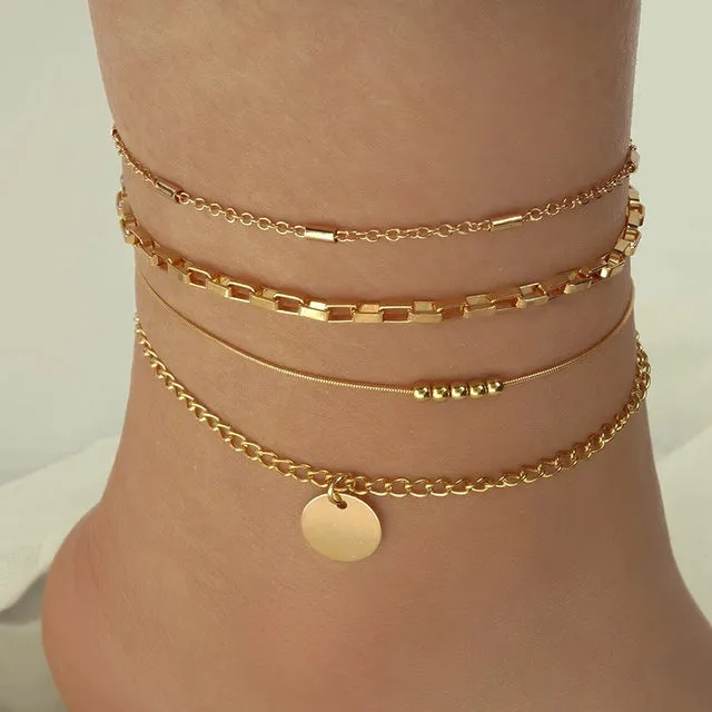 Boho Anklet Geometry Chain Flower Sheet Pendant Ankle