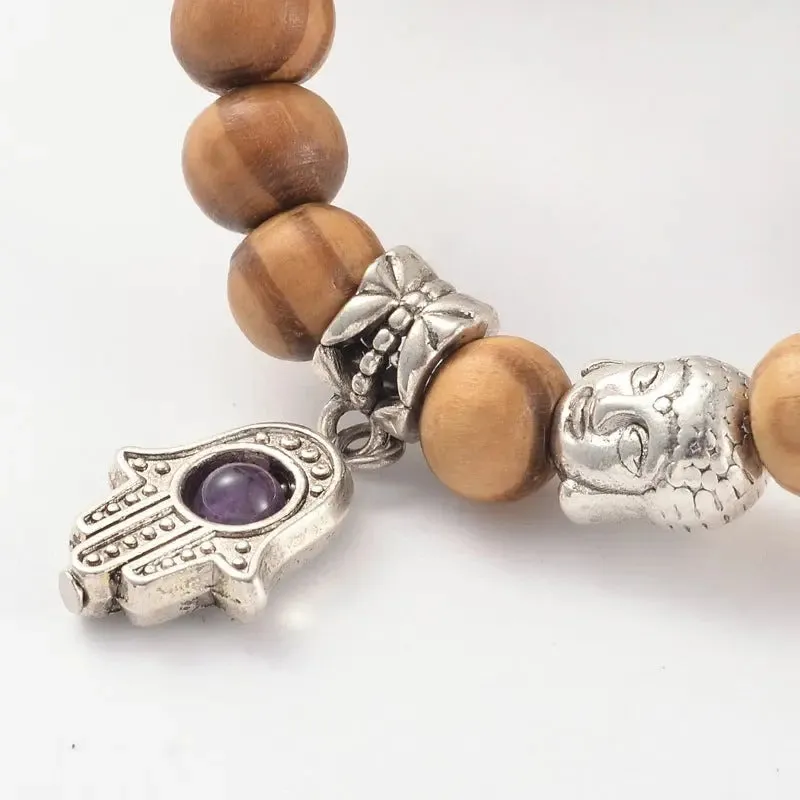 Bracelet -Wood -Fatima Hand -Amethyst -8mm