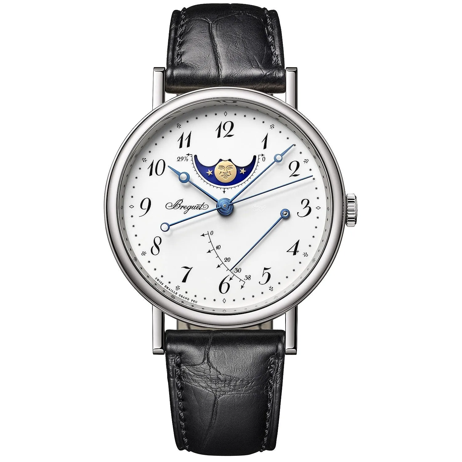 BREGUET Classique Moonphase 18K White Gold Automatic White Enamel Dial Strap Mens Watch 7787BB/29/9V6