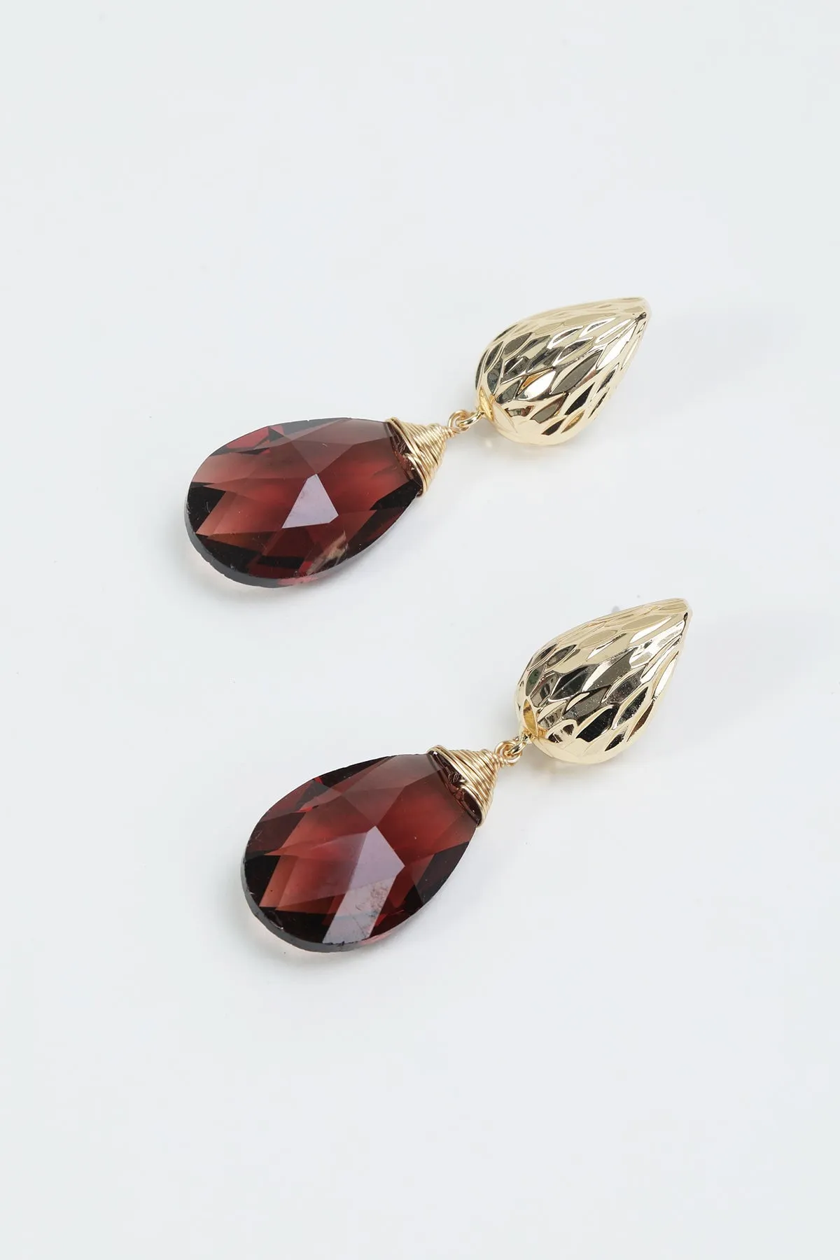 Burgundy Teardrop Beaded Gold Earrings