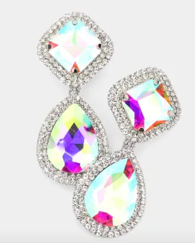 Cari - Square Teardrop Rhinestone Clip Earrings (AB)