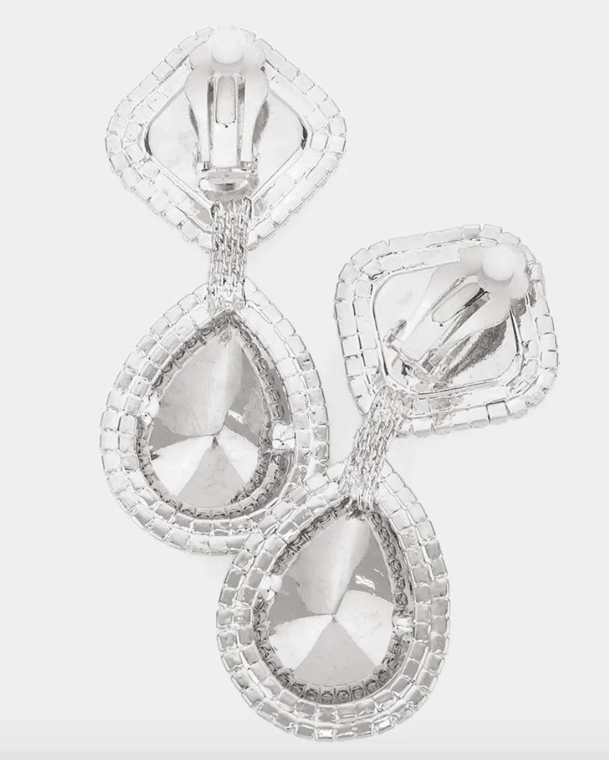 Cari - Square Teardrop Rhinestone Clip Earrings (AB)