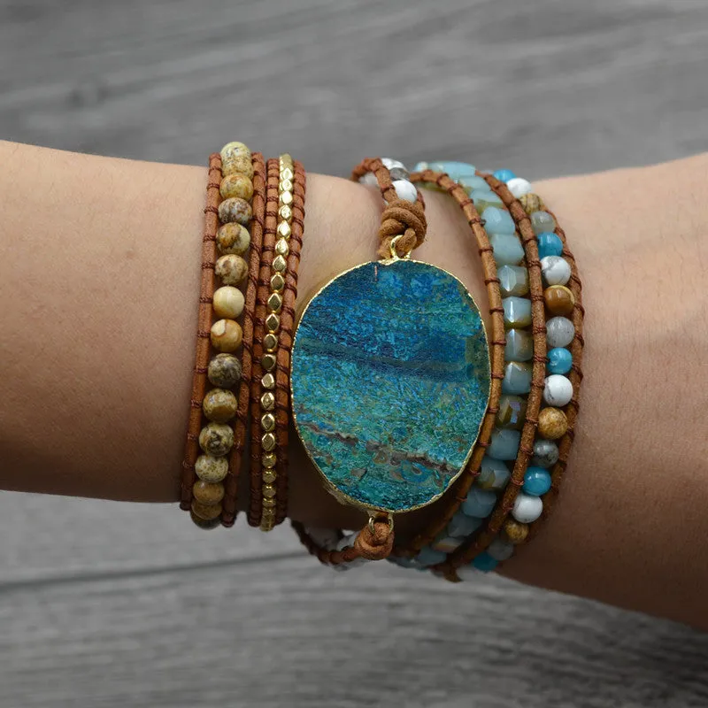 DIEZI Men Leather Wrap Beaded Bracelet Huge Ocean Stone Bracelet For Women Statement Jewelry Bohemian Bracelet Valentine's Gift